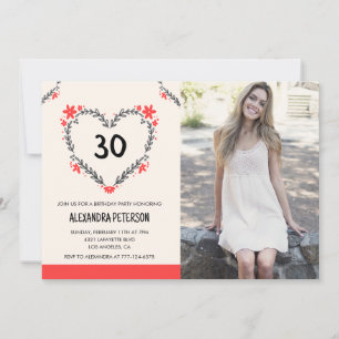 Cartes d'invitation 30 ans fleurs cœur