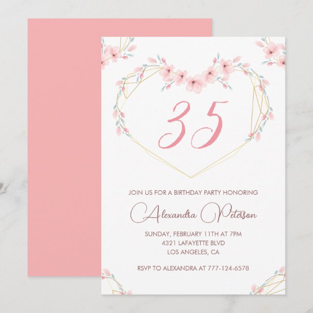 Cartes d'invitation 35e anniversaire Bohème Floral (Devant / Derrière)