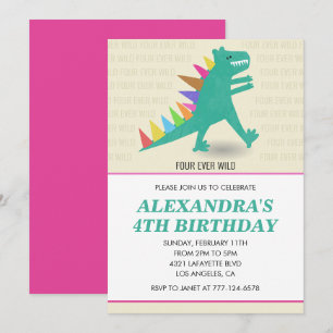 Cartes d'invitation 4 ans dinosaure Fille rose