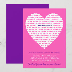 Cartes d'invitation 4ème anniversaire Cœur Rose Mo