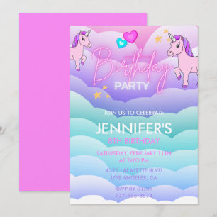 Cartes d'invitation 8ème anniversaire Licorne Rose