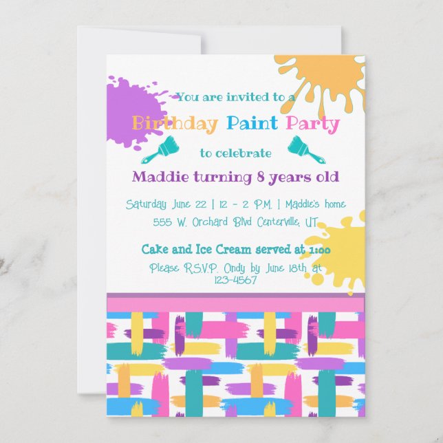 Cartes d'invitation à une fête de peinture aux cou (Devant)