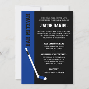 Cartes d'invitation Bar Mitzvah Hockey Bleu Noir