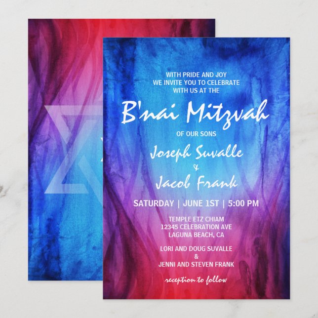 Cartes d'invitation B'nai Mitzvah | Bleu Rouge | F (Devant / Derrière)
