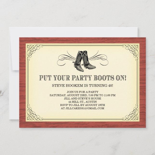 Cartes d'invitation Boots Old Western Fête (Devant)