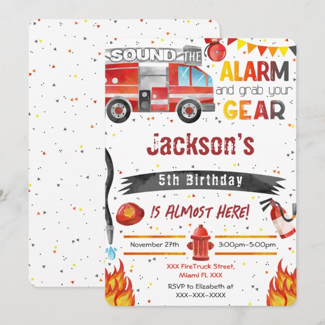 Cartes d'invitation Camion de pompiers (Devant / Derrière)