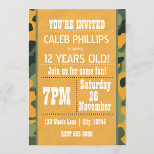 Cartes d'invitation camouflage orange pour anniver