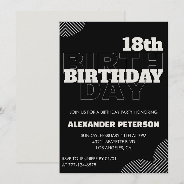 Cartes d'invitation d'anniversaire 18 ans noir Hom (Devant / Derrière)