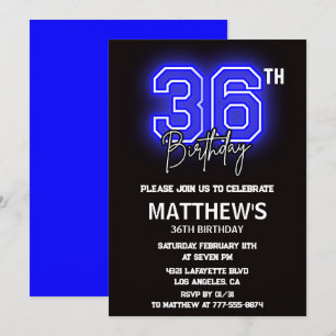 Cartes d'invitation d'anniversaire 36 ans Neon Bla