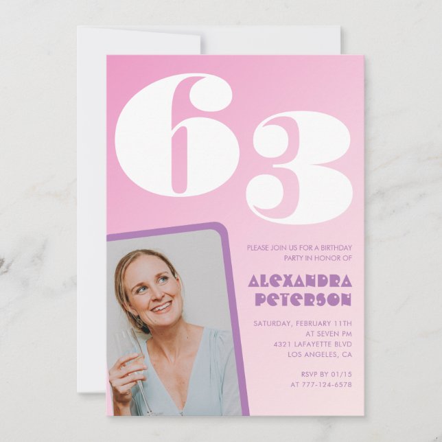Cartes d'invitation d'anniversaire 63 ans Rose Pho (Devant)