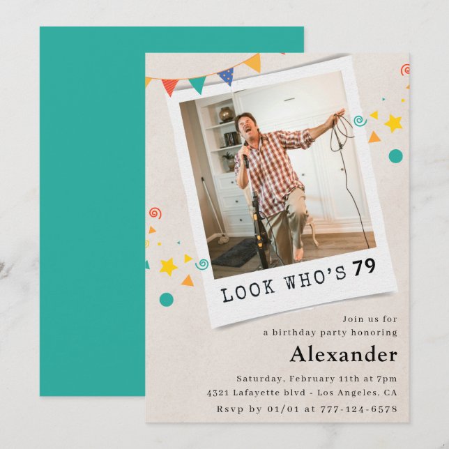 Cartes d'invitation d'anniversaire 79 ans drôles p (Devant / Derrière)