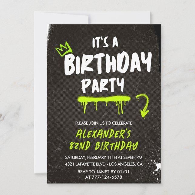Cartes d'invitation d'anniversaire 82 ans noir Hom (Devant)