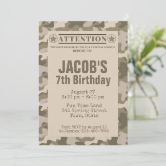 Cartes d'invitation d'anniversaire à thème camoufl