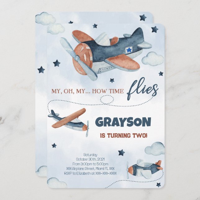 Cartes d'invitation d'anniversaire d'avion (Devant / Derrière)
