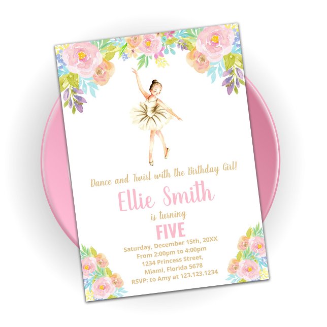 Cartes d'invitation d'anniversaire de ballerine fl (Créateur téléchargé)