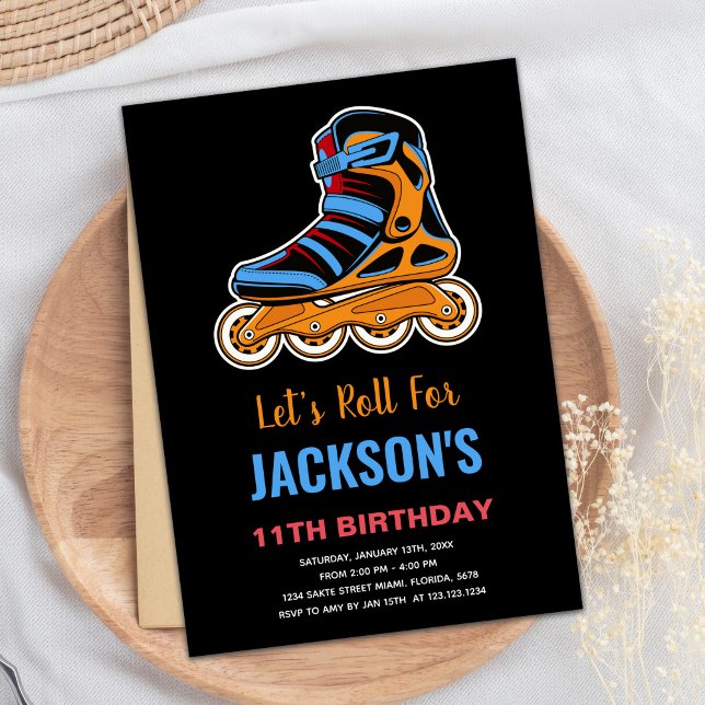 Cartes d'invitation d'anniversaire de patin à roul (Black Orange Roller Skating Birthday Invitations)