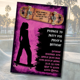 Cartes d'invitation d'anniversaire de skateuse « S