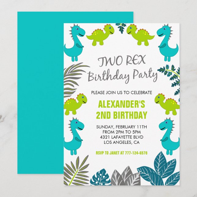 Cartes d'invitation d'anniversaire dinosaure deux  (Devant / Derrière)