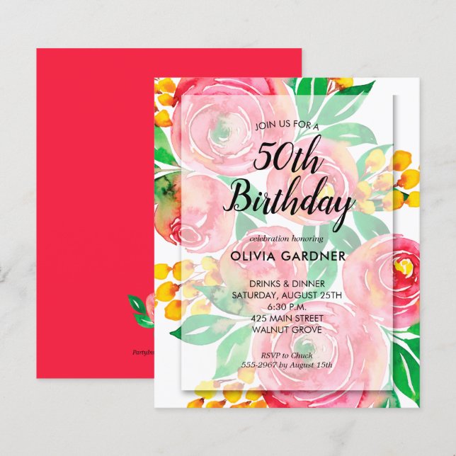 Cartes d'invitation d'anniversaire florales à l'aq (Devant / Derrière)