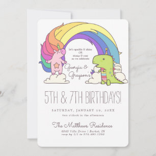 Cartes d'invitation d'anniversaire Licornes & Dino