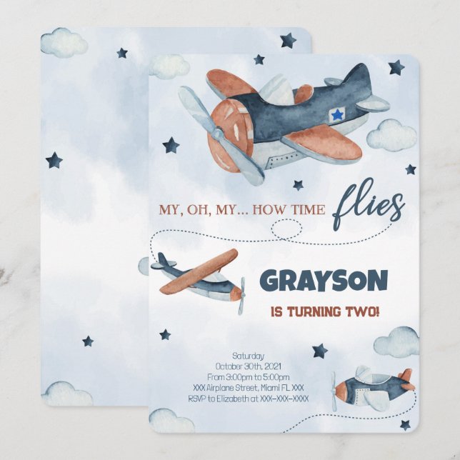 Cartes d'invitation d'anniversaire pour avion (Devant / Derrière)