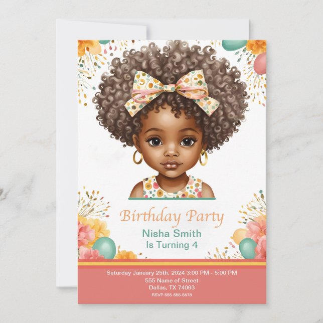 Cartes d'invitation d'anniversaire pour fille afro (Devant)