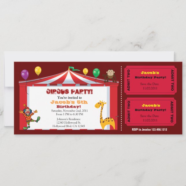 Cartes d'invitation d'anniversaire pour le cirque  (Devant)