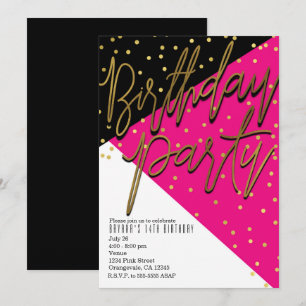 Cartes d'invitation d'anniversaire rose, noir et o