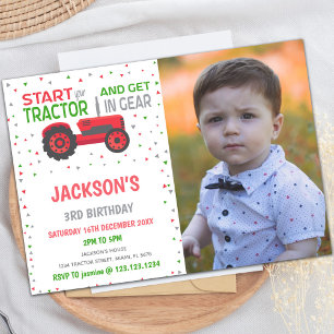 Cartes d'invitation d'anniversaire Tracteur Rouge 