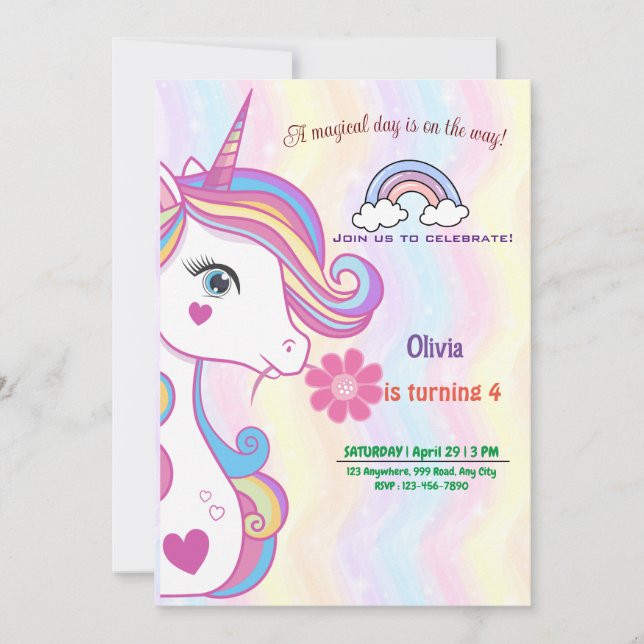 Cartes d'invitation d'anniversaire Unicorn personn (Devant)
