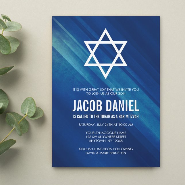 Cartes d'invitation de Bar Mitzvah grunge bleu mod (Créateur téléchargé)