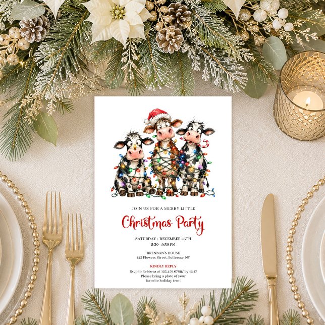 Cartes d'invitation de fête de Noël de vaches dess (Modern Funny Cows Cartoon Christmas Party Invitation Art

)