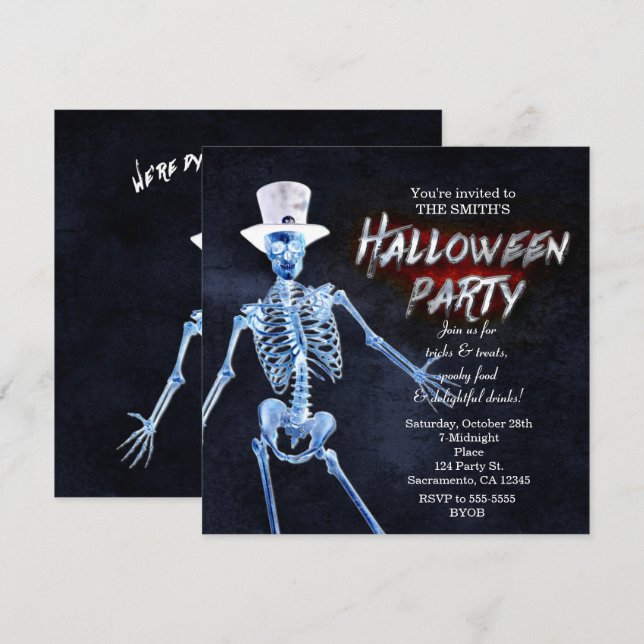 Cartes d'invitation de fête d'Halloween de squelet (Devant / Derrière)