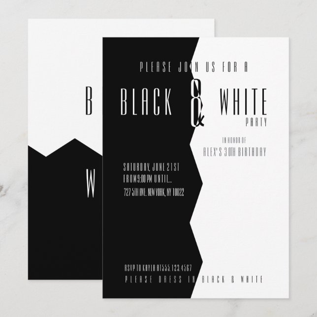 Cartes d'invitation de fête moderne noir et blanc (Devant / Derrière)