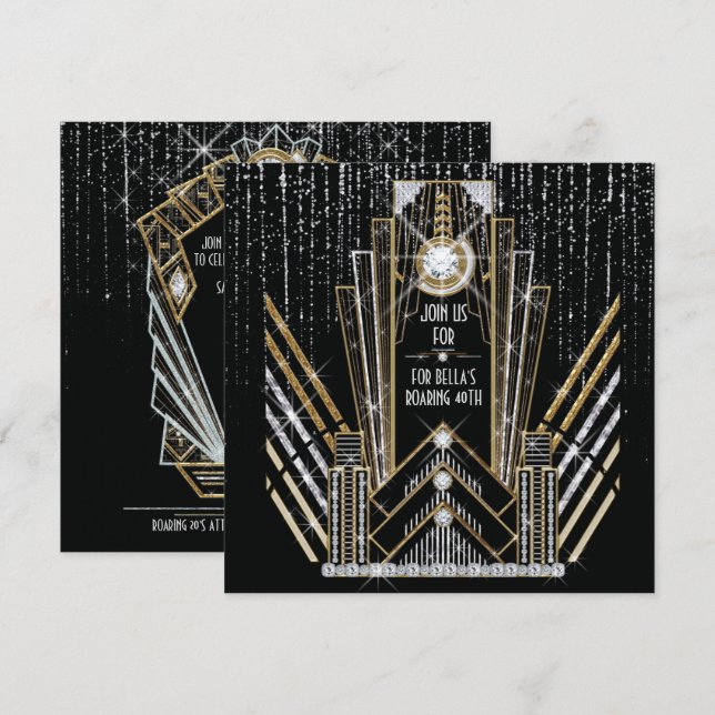 Cartes d'invitation de fête Roaring Gatsby Art Déc (Devant / Derrière)