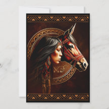 Cartes d'invitation de fille amérindienne et cheva