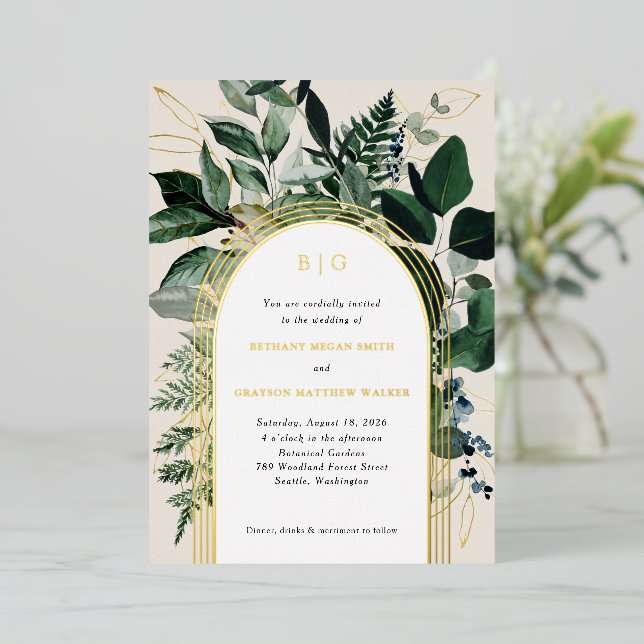 Cartes d'invitation de mariage à arche en feuille  (Debout devant)