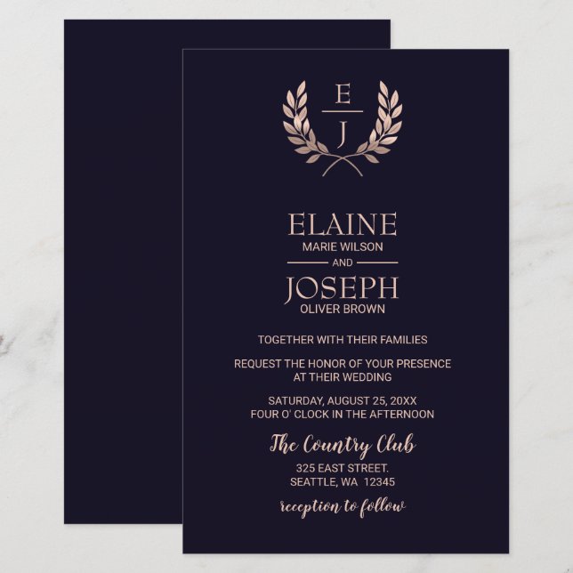 Cartes d'invitation de mariage à monogramme en ros (Devant / Derrière)