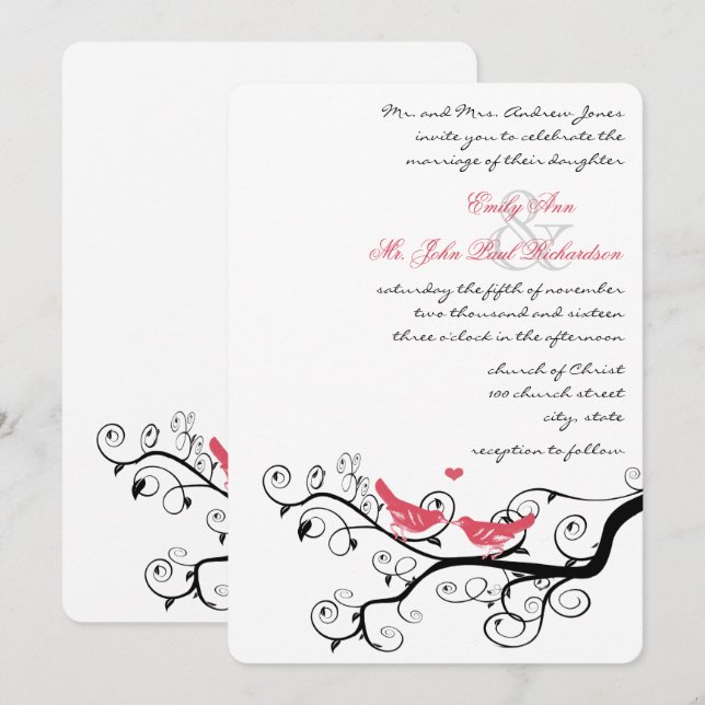 Cartes d'invitation de mariage Arbre Oiseau Amour  (Devant / Derrière)