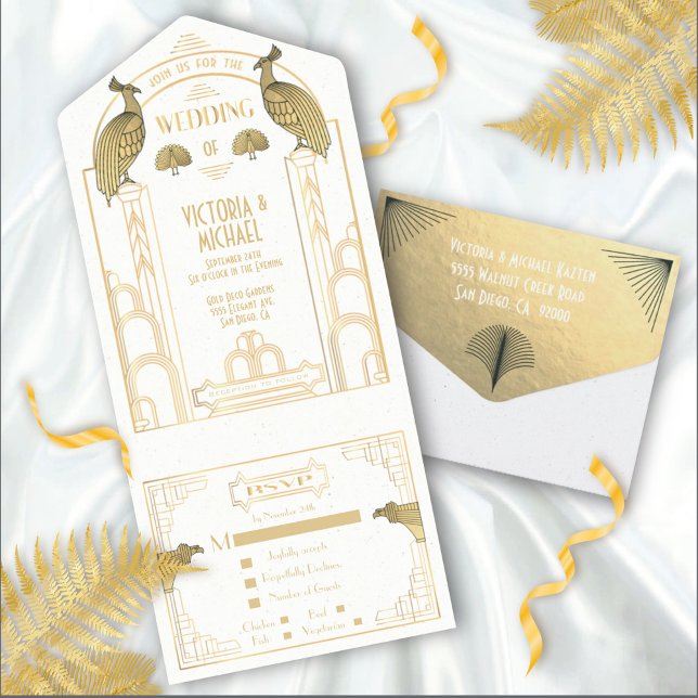 Cartes d'invitation de mariage Art Déco Paon Or et (Créateur téléchargé)