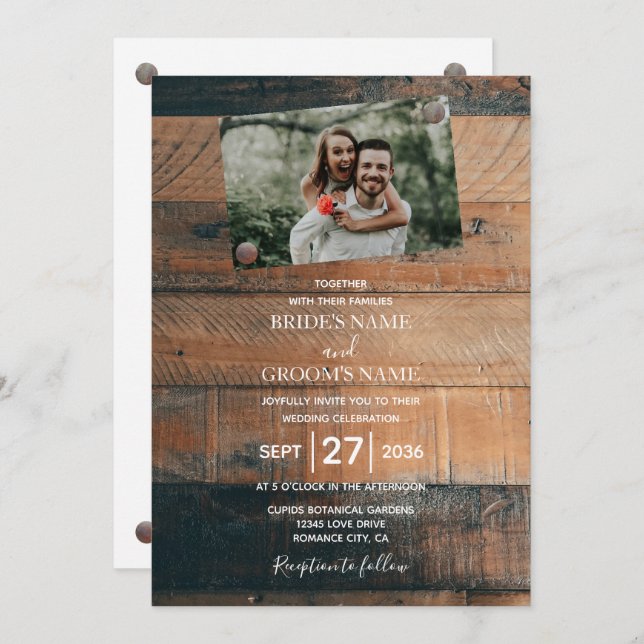 Cartes d'invitation de mariage avec photo en bois  (Devant / Derrière)