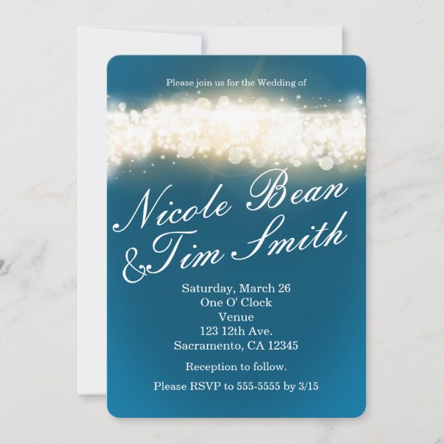 Cartes d'invitation de mariage Blue Sparkle Lights (Devant)