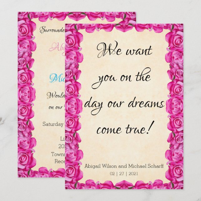 Cartes d'invitation de mariage de rêve avec des ro (Devant / Derrière)