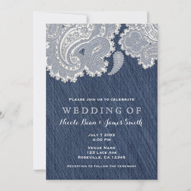 Cartes d'invitation de mariage en jean en denim et (Devant)