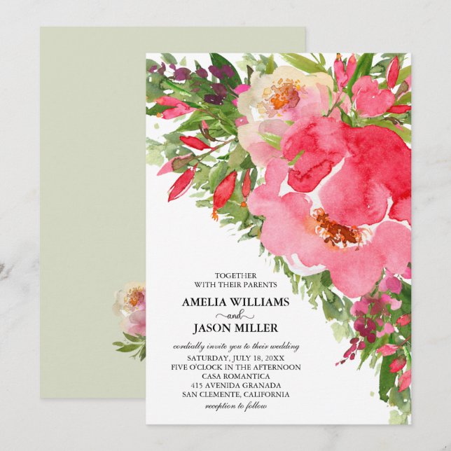 Cartes d'invitation de mariage florales aux pivoin (Devant / Derrière)