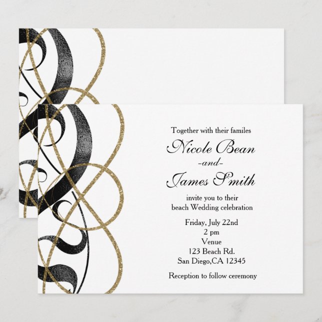 Cartes d'invitation de mariage noir et or Chic Élé (Devant / Derrière)