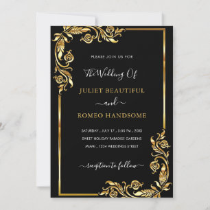 Cartes d'invitation de mariage noires à cadres dor