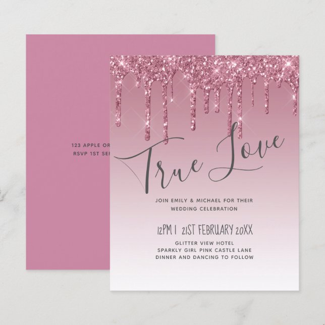 Cartes d'invitation de mariage pailletées rose BUD (Devant / Derrière)