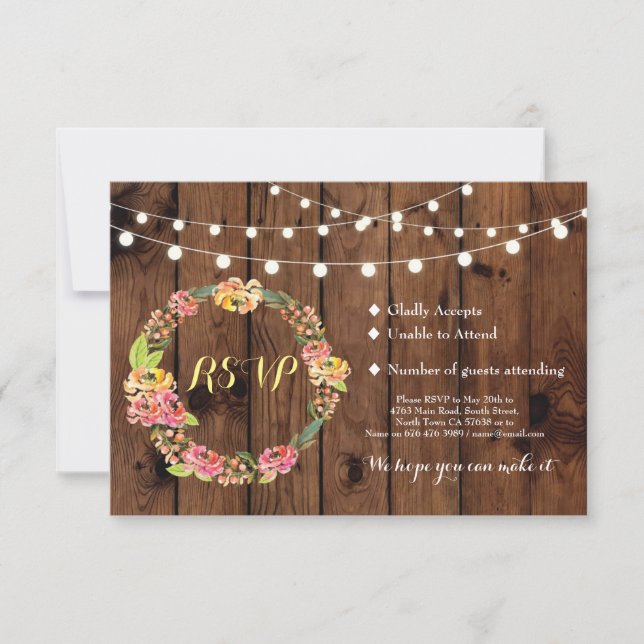 Cartes d'invitation de mariage rustique en bois fl (Devant)