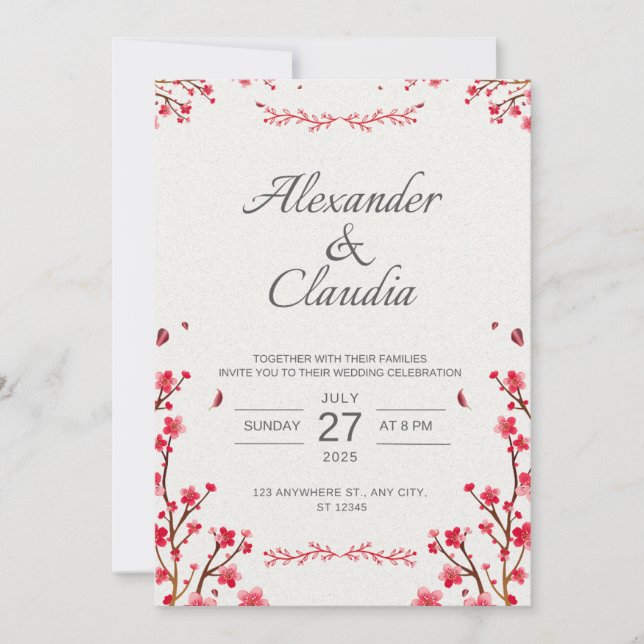Cartes d'invitation de mariage style fleurs japona (Devant)